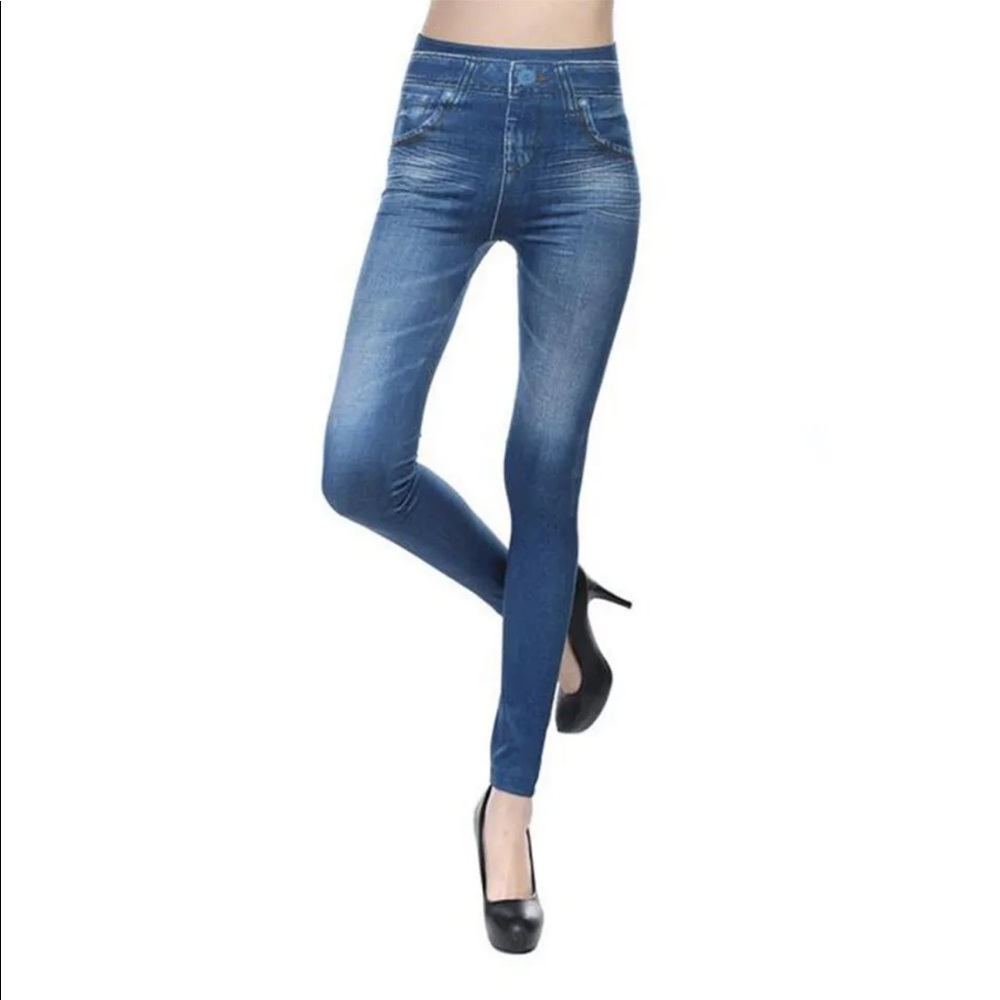 High Waist Denim Jean Faux Leggings  Stretch Pencil Jegging Pants Trousers